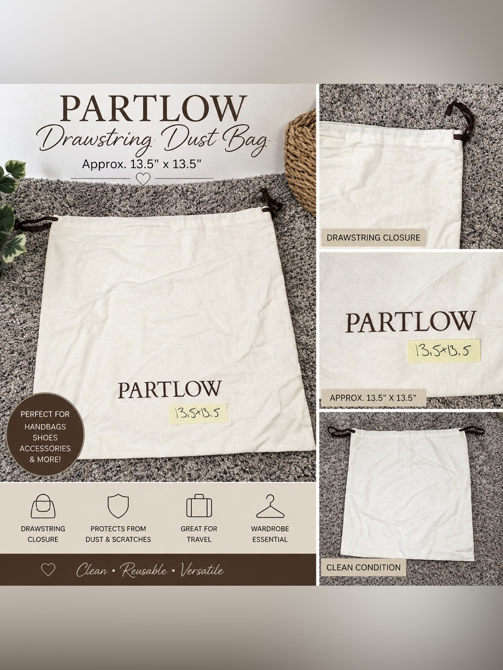 PARTLOW Drawstring Dust Bag Storage Bag 13.5x13.5 Cream Brown